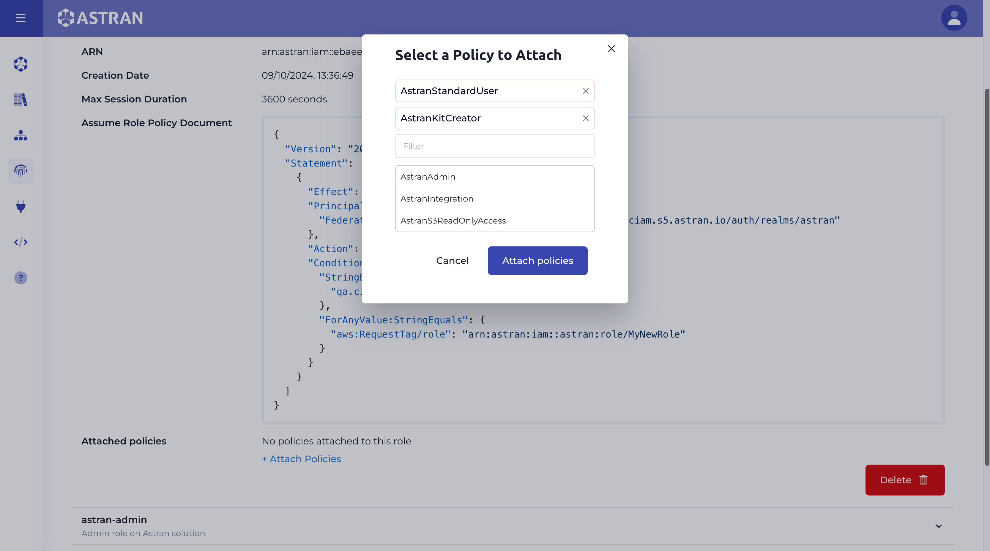 Attach policies modal