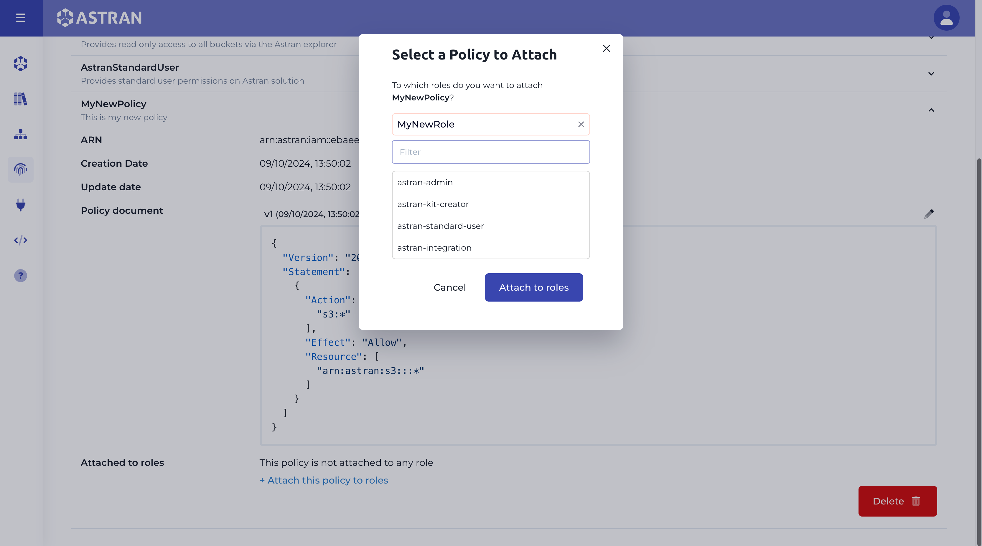 Attach Policy modal