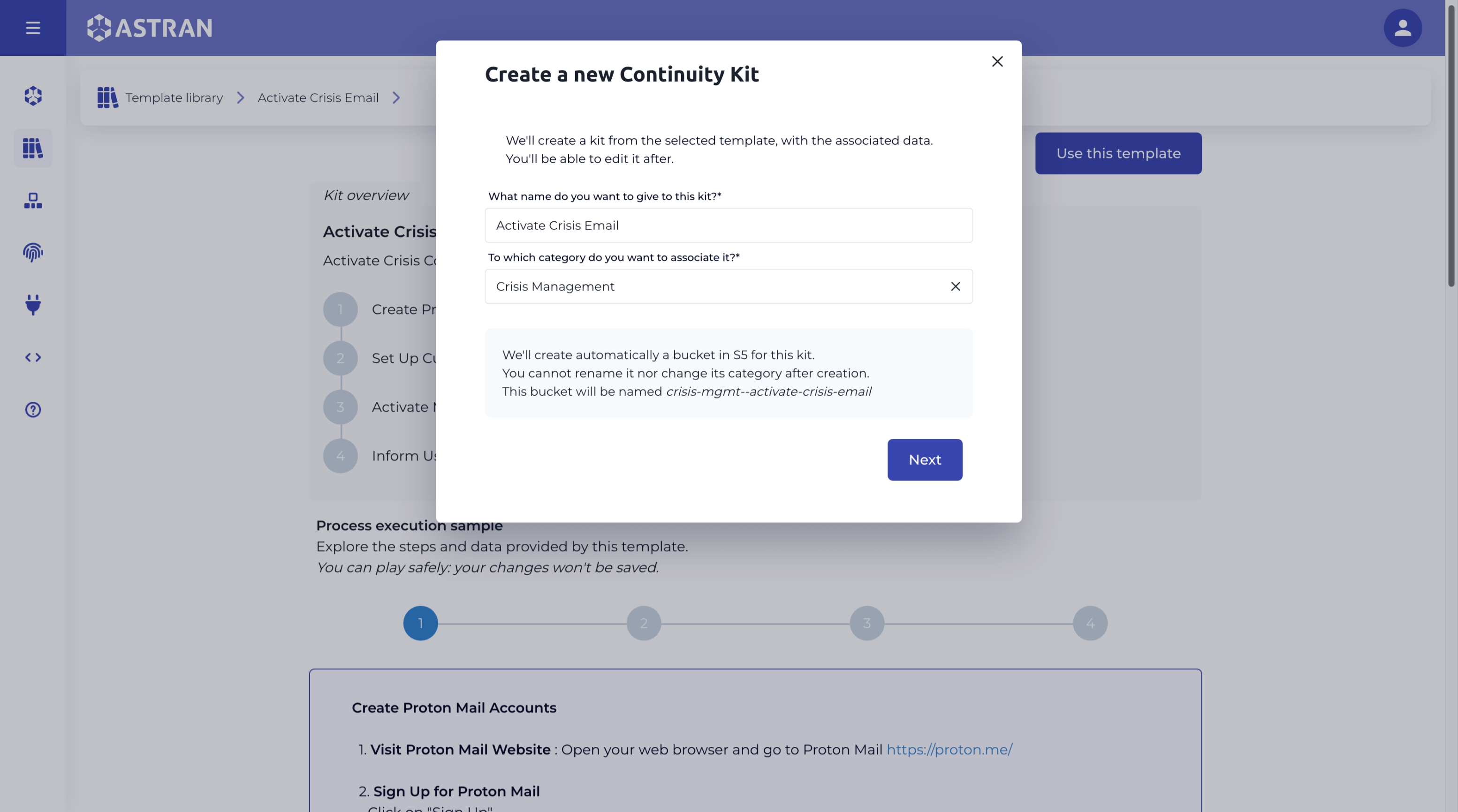 Continuity kit template selected creation popup