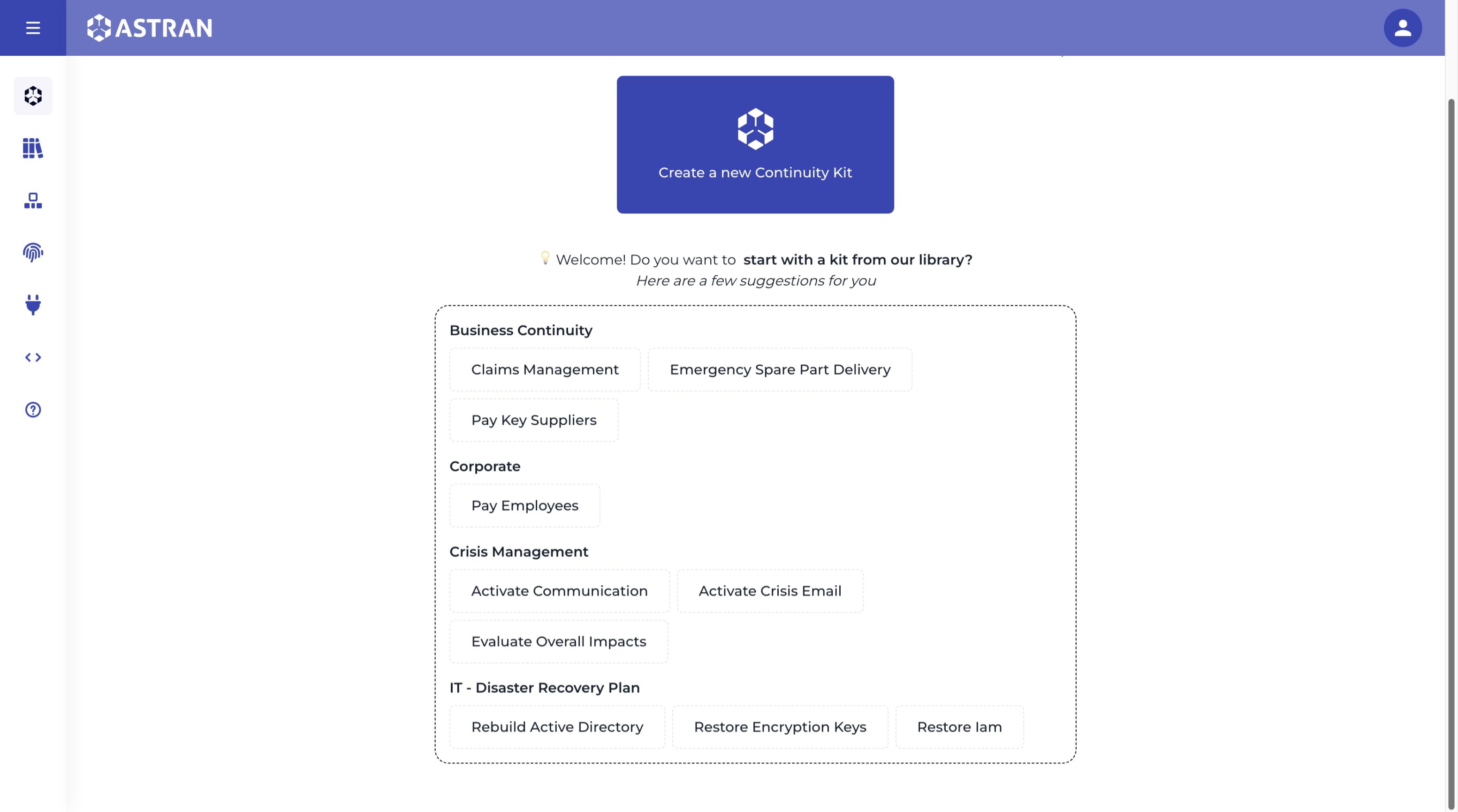 Continuity kit template selection