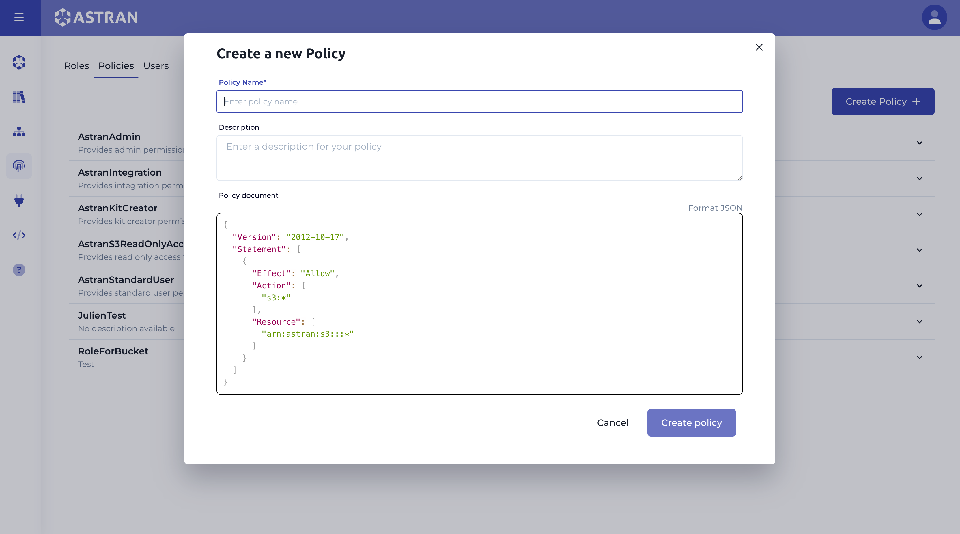 Create Policy modal