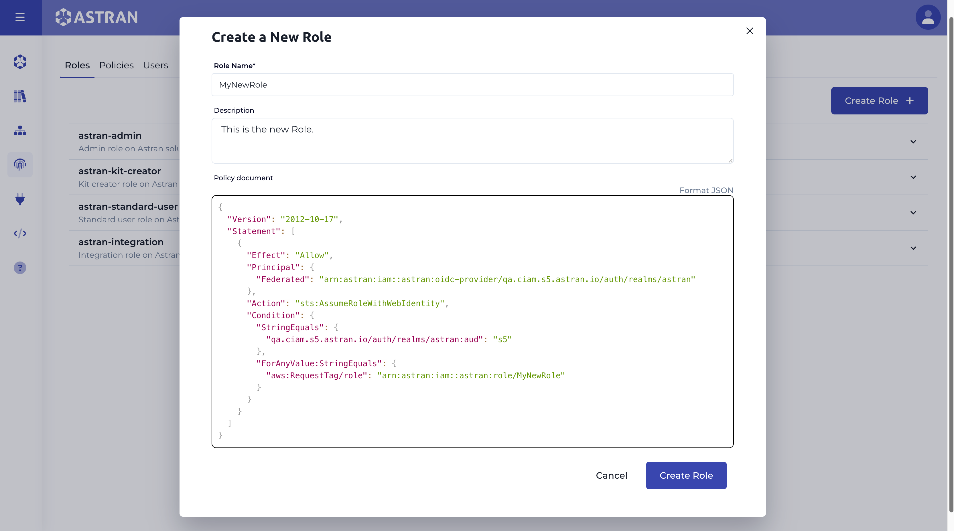 Create role modal filled